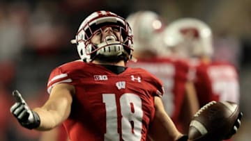 Wisconsin Badgers safety Collin Wilder (18) celebrates getting an interception in the fourth quarter against Nebraska during their football game Saturday, November 20, 2021, at Camp Randall in Madison, Wis. Dan Powers/USA TODAY NETWORK-WisconsinApc Wiscvsnebraskafb 1120211043djp