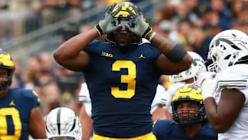ANN ARBOR, MI - SEPTEMBER 08: Rashan Gary #3 of the Michigan Wolverines reacts to a sack against the Western Michigan Broncos at Michigan Stadium on September 8, 2018 in Ann Arbor, Michigan. (Photo by Rey Del Rio/Getty Images)