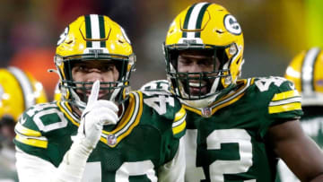 Green Bay Packers linebacker Tipa Galeai (40) and inside linebacker Oren Burks (42) celebrate a stop against the Minnesota Vikings on Sunday, January 2, 2022, at Lambeau Field in Green Bay, Wis. Wm. Glasheen USA TODAY NETWORK-WisconsinApc Packers Vs Vikings 27966 010222wag