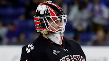 LOWELL, MA - MARCH 3: Devon Levi #1 of the Northeastern Huskies tends goal against the UMass Lowell River Hawks during NCAA men's hockey at the Tsongas Center on March 3, 2023 in Lowell, Massachusetts. The River Hawks won 3-1. (Photo by Richard T Gagnon/Getty Images)