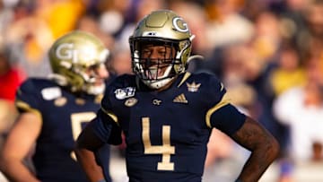 ATLANTA, GA - NOVEMBER 2: James Graham #4 of the Georgia Tech Yellow Jackets reacts during the first half of a game against the Pittsburgh Panthers at Bobby Dodd Stadium on November 2, 2019 in Atlanta, Georgia. (Photo by Carmen Mandato/Getty Images)