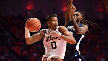 Dec 10, 2022; Champaign, Illinois, USA; Illinois Fighting Illini guard Terrence Shannon Jr. (0) moves to the basket during the first half against the Penn State Nittany Lions at State Farm Center. Mandatory Credit: Ron Johnson-USA TODAY Sports