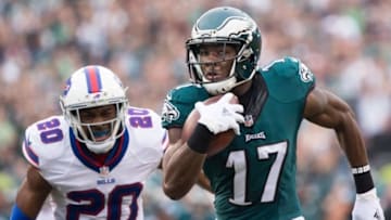 Dec 13, 2015; Philadelphia, PA, USA; Philadelphia Eagles wide receiver Nelson Agholor (17) catches the ball for a 53 yard touchdown pass past Buffalo Bills free safety Corey Graham (20) during the second quarter at Lincoln Financial Field. Mandatory Credit: Bill Streicher-USA TODAY Sports