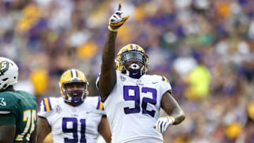 Neil Farrell Jr. #92 of the LSU Tigers reacts during a game against the Southeastern Louisiana Lions at Tiger Stadium on September 8, 2018 in Baton Rouge, Louisiana. (Photo by Jonathan Bachman/Getty Images)