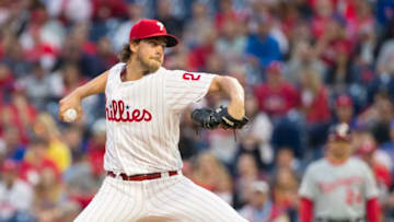 PHILADELPHIA, PA - APRIL 09: Aaron Nola #27 of the Philadelphia Phillies throws a pitch in the top of the first inning against the Washington Nationals at Citizens Bank Park on April 9, 2019 in Philadelphia, Pennsylvania. (Photo by Mitchell Leff/Getty Images)