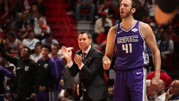 MIAMI, FL - OCTOBER 29: Dave Joerger of the Sacramento Kings during the game against the Miami Heat on October 29, 2018 at American Airlines Arena in Miami, Florida. NOTE TO USER: User expressly acknowledges and agrees that, by downloading and or using this Photograph, user is consenting to the terms and conditions of the Getty Images License Agreement. Mandatory Copyright Notice: Copyright 2018 NBAE (Photo by Issac Baldizon/NBAE via Getty Images)