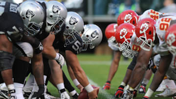 Oakland Raiders Jon Condo, #59, prepares to snap the ball for a field goal attempt against the Kansas City Chiefs in the fourth quarter of their game on Sunday, Nov. 7, 2010, at Oakland-Alameda County Coliseum in Oakland, Calif. Oakland defeated Kansas City 23-20 in overtime. (Jose Carlos Fajardo/Staff)(Digital First Media Group/Contra Costa Times via Getty Images)