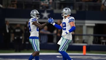 Aug 19, 2016; Arlington, TX, USA; Dallas Cowboys wide receiver Dez Bryant (88) and tight end Jason Witten (82) before the game against the Miami Dolphins at AT&T Stadium. The Cowboys defeat the Dolphins 41-14. Mandatory Credit: Jerome Miron-USA TODAY Sports