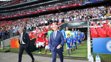 LONDON, ENGLAND - AUGUST 07: Manager Claudio Ranieri (R) of Leicester City and Manager Jose Mourinho of Manchester United walk out on to the pitch ahead of the FA Community Shield Match between Leicester City and Manchester United at Wembley Stadium Stadium on August 07 , 2016 in Leicester, United Kingdom. (Photo by Plumb Images/Leicester City FC via Getty Images)