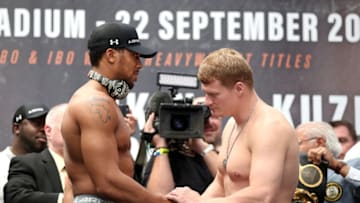Anthony Joshua and Alexander Povetkin during the press conference at the Business Design Centre, London. (Photo by Nick Potts/PA Images via Getty Images)