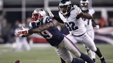 Dec 6, 2015; Foxborough, MA, USA; New England Patriots wide receiver Brandon LaFell (19) attempts to catch the ball in front of Philadelphia Eagles cornerback Eric Rowe (32) during the last minutes of a game at Gillette Stadium. Mandatory Credit: Mark L. Baer-USA TODAY Sports