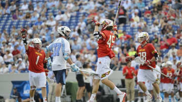 May 17, 2015; Annapolis, MD, USA; Maryland Terrapins midfielder Bryan Cole (45) celebrates after scoring a goal during the second half against the North Carolina Tar Heels at Navy Marine Corps Memorial Stadium. The Terrapins defeated won 14-7. Mandatory Credit: Tommy Gilligan-USA TODAY Sports