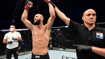 In this handout image released by the Ultimate Fighting Championship (UFC), Khamzat Chimaev of Czechia celebrates after his TKO victory over Rhys McKee of Northern Ireland in their welterweight fight during the UFC 251 event at UFC Fight Island in Abu Dhabi's Yas Island on July 26, 2020. (Photo by Jeff Bottari / Zuffa LLC / AFP) / XGTY / === RESTRICTED TO EDITORIAL USE - MANDATORY CREDIT "AFP PHOTO / HO / ZUFFA LLC" - NO MARKETING NO ADVERTISING CAMPAIGNS - DISTRIBUTED AS A SERVICE TO CLIENTS === (Photo by JEFF BOTTARI/Zuffa LLC/AFP via Getty Images)