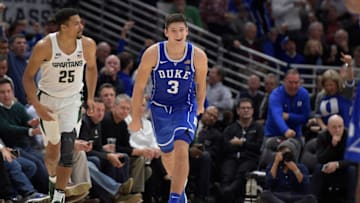 CHICAGO, IL - NOVEMBER 14: Grayson Allen #3 of the Duke Blue Devils reacts following a three-point basket during their game against the Michigan State Spartans during the Champions Classic at United Center on November 14, 2017 in Chicago, Illinois. (Photo by Lance King/Getty Images)