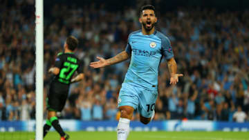 MANCHESTER, ENGLAND - SEPTEMBER 14: Sergio Aguero of Manchester City celebrates his third goal during the UEFA Champions League match between Manchester City FC and VfL Borussia Moenchengladbach at Etihad Stadium on September 14, 2016 in Manchester, England. (Photo by Richard Heathcote/Getty Images)