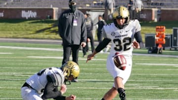 Nov 28, 2020; Columbia, Missouri, USA; Vanderbilt Commodores place kicker Sarah Fuller (32) warms up before a game against the Missouri Tigers at Faurot Field at Memorial Stadium. Mandatory Credit: Denny Medley-USA TODAY Sports