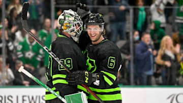 Jan 21, 2023; Dallas, Texas, USA; Dallas Stars goaltender Jake Oettinger (29) and defenseman Colin Miller (6) celebrate the victory over the Arizona Coyotes at the American Airlines Center. Mandatory Credit: Jerome Miron-USA TODAY Sports