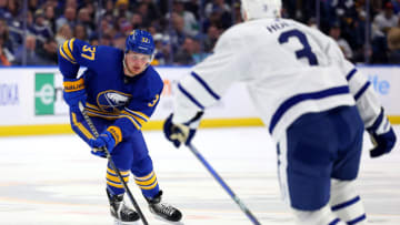Feb 21, 2023; Buffalo, New York, USA; Buffalo Sabres center Casey Mittelstadt (37) skates with the puck during the second period against the Toronto Maple Leafs at KeyBank Center. Mandatory Credit: Timothy T. Ludwig-USA TODAY Sports