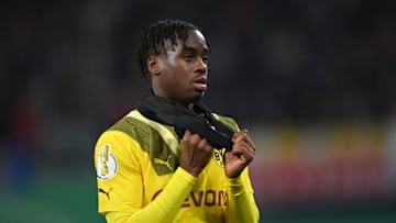 LEIPZIG, GERMANY - APRIL 05: Jamie Bynoe-Gittens of Borussia Dortmund looks dejected following the team's defeat in the DFB Cup quarterfinal match between RB Leipzig and Borussia Dortmund at Red Bull Arena on April 05, 2023 in Leipzig, Germany. (Photo by Stuart Franklin/Getty Images)