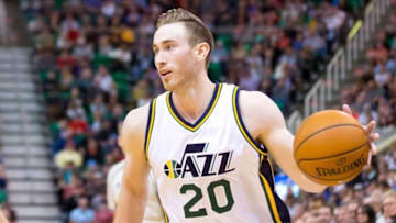 Apr 5, 2016; Salt Lake City, UT, USA; Utah Jazz forward Gordon Hayward (20) dribbles the ball during the first half against the San Antonio Spurs at Vivint Smart Home Arena. Mandatory Credit: Russ Isabella-USA TODAY Sports
