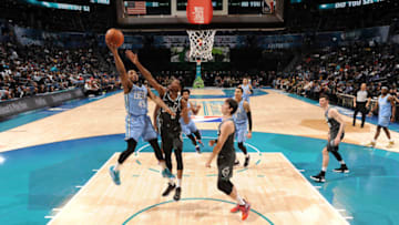 CHARLOTTE, NC - FEBRUARY 15: Donovan Mitchell #45 of the U.S. Team goes to the basket against the World Team during the 2019 Mtn Dew ICE Rising Stars Game on February 15, 2019 at the Spectrum Center in Charlotte, North Carolina. Copyright 2019 NBAE (Photo by Andrew D. Bernstein/NBAE via Getty Images)