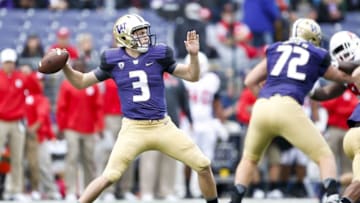 Sep 3, 2016; Seattle, WA, USA; Washington Huskies quarterback Jake Browning (3) throws out a pass against the Rutgers Scarlet Knights during the second quarter at Husky Stadium. Mandatory Credit: Jennifer Buchanan-USA TODAY Sports