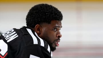 P.K. Subban #76 of the New Jersey Devils stretches during warm ups before the game against the Columbus Blue Jackets at Prudential Center on January 06, 2022 in Newark, New Jersey. (Photo by Elsa/Getty Images)