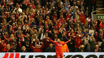 LIVERPOOL, ENGLAND - MAY 05: Adam Lallana of Liverpool celebrates his goal during the UEFA Europa League Semi Final second leg match between Liverpool and Villarreal CF at Anfield on May 05, 2016 in Liverpool, England. (Photo by Jan Kruger - UEFA/UEFA via Getty Images)