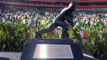 Jan 1, 2015; Pasadena, CA, USA; The Heisman Trophy is presented before the 2015 Rose Bowl college football game between the Florida State Seminoles and the Oregon Ducks at Rose Bowl. Mandatory Credit: Kirby Lee-USA TODAY Sports