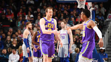 DETROIT, MI - JANUARY 5: Joe Ingles #2 of the Utah Jazz and Donovan Mitchell #45 of the Utah Jazz celebrate during the game against the Detroit Pistons on January 5, 2019 at Little Caesars Arena in Detroit, Michigan. NOTE TO USER: User expressly acknowledges and agrees that, by downloading and/or using this photograph, User is consenting to the terms and conditions of the Getty Images License Agreement. Mandatory Copyright Notice: Copyright 2019 NBAE (Photo by Chris Schwegler/NBAE via Getty Images)
