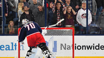 COLUMBUS, OH - NOVEMBER 10: Goaltender Joonas Korpisalo #70 of the Columbus Blue Jackets breaks his stick after losing in a shootout against the New York Rangers on November 10, 2018 at Nationwide Arena in Columbus, Ohio. (Photo by Jamie Sabau/NHLI via Getty Images)