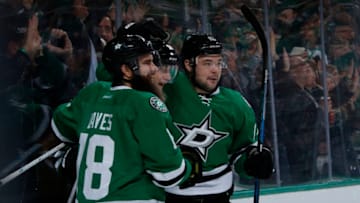 DALLAS, TX - DECEMBER 29: Patrick Eaves #18, Devin Shore #17 and Lauri Korpikoski #38 of the Dallas Stars celebrate a goal against the Colorado Avalanche at the American Airlines Center on December 29, 2016 in Dallas, Texas. (Photo by Glenn James/NHLI via Getty Images)