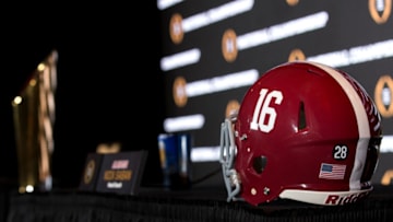TAMPA, FL - JANUARY 8: A general view of the Alabama Crimson Tide Helmet during the Head Coaches News Confernce before the College Football Playoff National Championship Game at Tampa Convention Center on January 8, 2017 in Tampa, Florida. (Photo by Don Juan Moore/Getty Images)