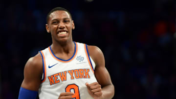 NEW YORK, NEW YORK - OCTOBER 25: RJ Barrett #9 of the New York Knicks reacts after scoring during the second half of their game against the Brooklyn Nets at Barclays Center on October 25, 2019 in the Brooklyn borough of New York City. NOTE TO USER: User expressly acknowledges and agrees that, by downloading and or using this photograph, User is consenting to the terms and conditions of the Getty Images License Agreement. (Photo by Emilee Chinn/Getty Images)