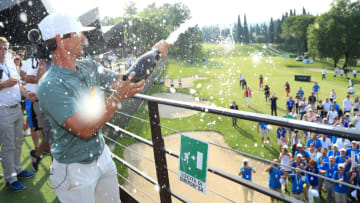 BRESCIA, ITALY - JUNE 03: Thorbjorn Olesen of Denmark celebrates winning the Italian Open after victory in the competition during the final round of the Italian Open at Gardagolf Country Club on June 3, 2018 in Brescia, Italy. (Photo by Andrew Redington/Getty Images)