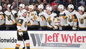 COLUMBUS, OH - NOVEMBER 5: Reilly Smith #19 of the Vegas Golden Knights high-fives his teammates after scoring a goal during the first period of a game against the Columbus Blue Jackets on November 5, 2019 at Nationwide Arena in Columbus, Ohio. (Photo by Jamie Sabau/NHLI via Getty Images)