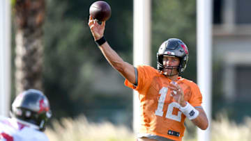 TAMPA, FLORIDA - AUGUST 20: Tom Brady #12 of the Tampa Bay Buccaneers throws the ball during training camp at AdventHealth Training Center on August 20, 2020 in Tampa, Florida. (Photo by Douglas P. DeFelice/Getty Images)
