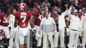 Dec 31, 2022; New Orleans, LA, USA; Alabama Crimson Tide head coach Nick Saban watches game action against the Kansas State Wildcats during the first half in the 2022 Sugar Bowl at Caesars Superdome. Mandatory Credit: Stephen Lew-USA TODAY Sports