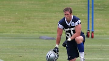 May 21, 2013; Irving, TX, USA; Dallas Cowboys linebacker Sean Lee (50) takes a break during organized team activities at Dallas Cowboys Headquarters. Mandatory Credit: Matthew Emmons-USA TODAY Sports
