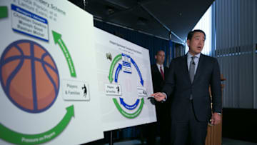 NEW YORK, NY - SEPTEMBER 26: Acting U.S. Attorney Joon H. Kim speaks during a press conference at the U.S. Attorneyâs Office, Southern District of New York, on September 26, 2017 in New York, New York. announce charges of fraud and corruption in college basketball. The acting U.S. Attorney announced Federal criminal charges against ten people, including four college basketball coaches, as well as managers, financial advisors, and representatives of a major international sportswear company. (Photo by Kevin Hagen/Getty Images)