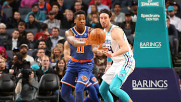CHARLOTTE, NC - MARCH 26: Frank Ntilikina #11 of the New York Knicks ;pt. ; against Frank Kaminsky #44 of the Charlotte Hornets on March 26, 2018 at Spectrum Center in Charlotte, North Carolina. Copyright 2018 NBAE (Photo by Kent Smith/NBAE via Getty Images)