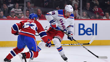MONTREAL, QC - NOVEMBER 23: Pavel Buchnevich #89 of the New York Rangers controls the puck against Victor Mete #53 the Montreal Canadiens in the NHL game at the Bell Centre on November 23, 2019 in Montreal, Quebec, Canada. (Photo by Francois Lacasse/NHLI via Getty Images)