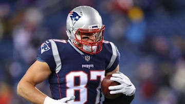 FOXBOROUGH, MA - JANUARY 13: Rob Gronkowski #87 of the New England Patriots warms up before the AFC Divisional Playoff game against the Tennessee Titans at Gillette Stadium on January 13, 2018 in Foxborough, Massachusetts. (Photo by Maddie Meyer/Getty Images)