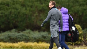 Tottenham Hotspur's English striker Harry Kane attends a team training session at Tottenham Hotspur's Enfield Training Centre, in north London on March 9, 2020, ahead of their UEFA Champions League Last 16 second-leg football match against RB Leipzig. (Photo by Glyn KIRK / AFP) (Photo by GLYN KIRK/AFP via Getty Images)