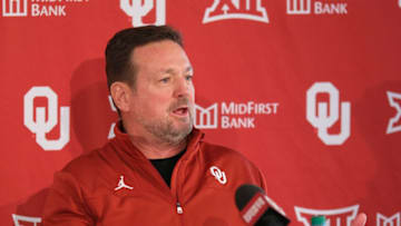 Nov 29, 2021; Norman, Oklahoma, USA; Oklahoma Sooners interim head football coach Bob Stoops speaks during a press conference by the University of Oklahoma to discus the football program. Mandatory Credit: Doug Hoke/The Oklahoman via USA TODAY NETWORK