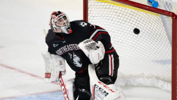 WORCESTER, MA - MARCH 25: Devon Levi #1 of the Northeastern Huskies makes a save against the Western Michigan Broncos during the second period during the NCAA Men's Ice Hockey Northeast Regional game at the DCU Center on March 25, 2022 in Worcester, Massachusetts. (Photo by Richard T Gagnon/Getty Images)