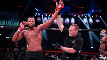 Christian Edwards acknowledges the crowd's cheers after his victory by first-round TKO over Justin Vargas in Thackerville, Oklahoma on July 12. Edwards, an Oklahoma native who now lives and trains in Albuquerque, is scheduled to face Cesar Bennett on Friday on a Bellator MMA card in Thackerville. LUCAS NOONAN/BELLATOR MMA