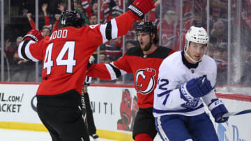 New Jersey Devils center Pavel Zacha (37) celebrates his goal with New Jersey Devils left wing Miles Wood (44) during the second period of their game against the Toronto Maple Leafs at Prudential Center. Mandatory Credit: Ed Mulholland-USA TODAY Sports