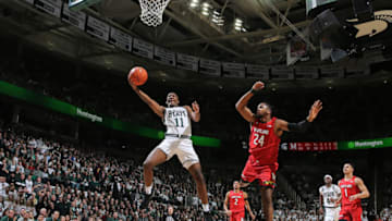 EAST LANSING, MI - FEBRUARY 15: Aaron Henry #11 of the Michigan State Spartans shoots the ball in the first half of the game against Donta Scott #24 of the Maryland Terrapins at the Breslin Center on February 15, 2020 in East Lansing, Michigan. (Photo by Rey Del Rio/Getty Images)