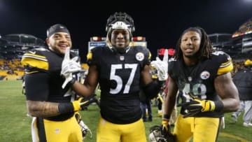 Dec 20, 2015; Pittsburgh, PA, USA; Pittsburgh Steelers fullback Roosevelt Nix-Jones (45) and inside linebacker Terence Garvin (57) and linebacker Bud Dupree (48) celebrate after defeating the Denver Broncos at Heinz Field. The Steelers won 34-27. Mandatory Credit: Charles LeClaire-USA TODAY Sports